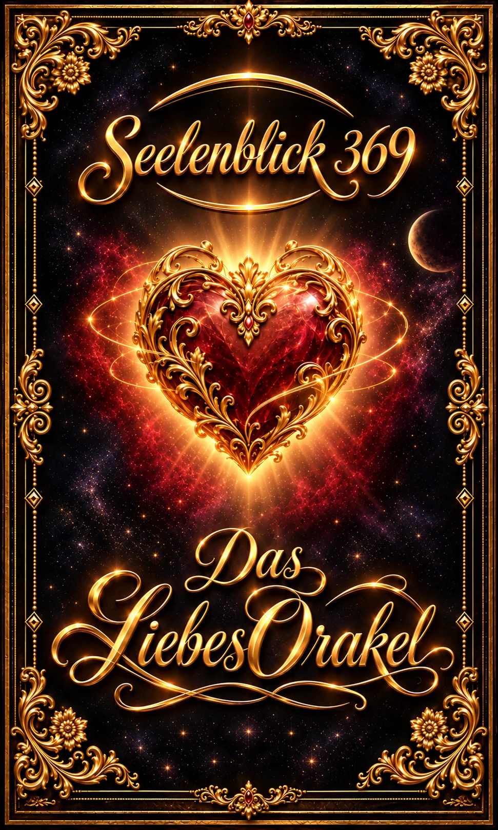 Seelenblick 369 — Das LiebesOrakel: goldverziertes rotes Herz im Sternenhimmel