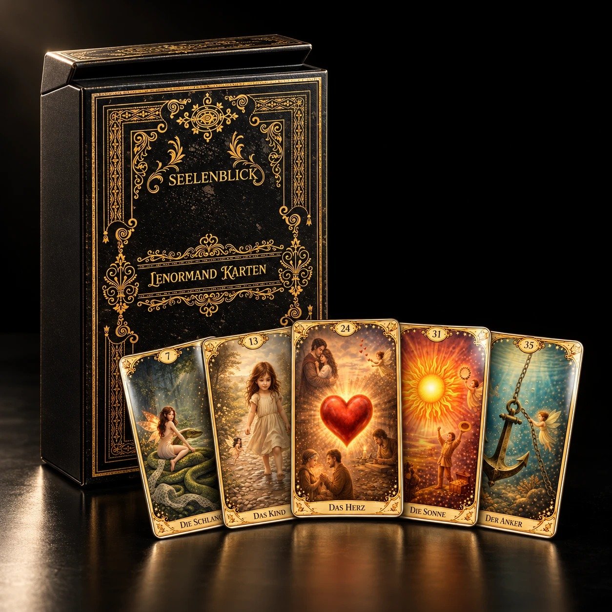 Seelenblick — Lenormand Kartendeck mit Box und aufgefächerten Karten